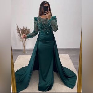 Teal Green Long Sleeve Maxi Evening Dress